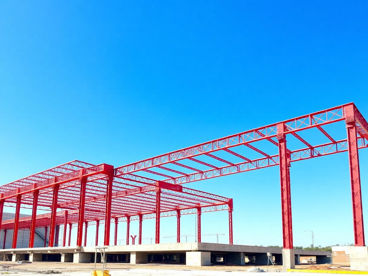 Red iron steel building frame on a slab